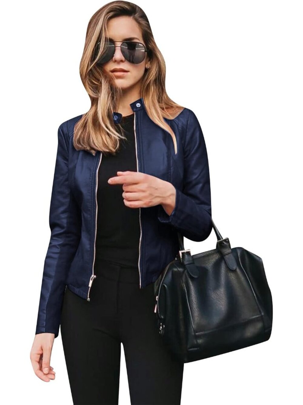 Women’s Navy Blue Faux Leather Zip Up Moto Biker Jacket Short Slim Fit Coat
